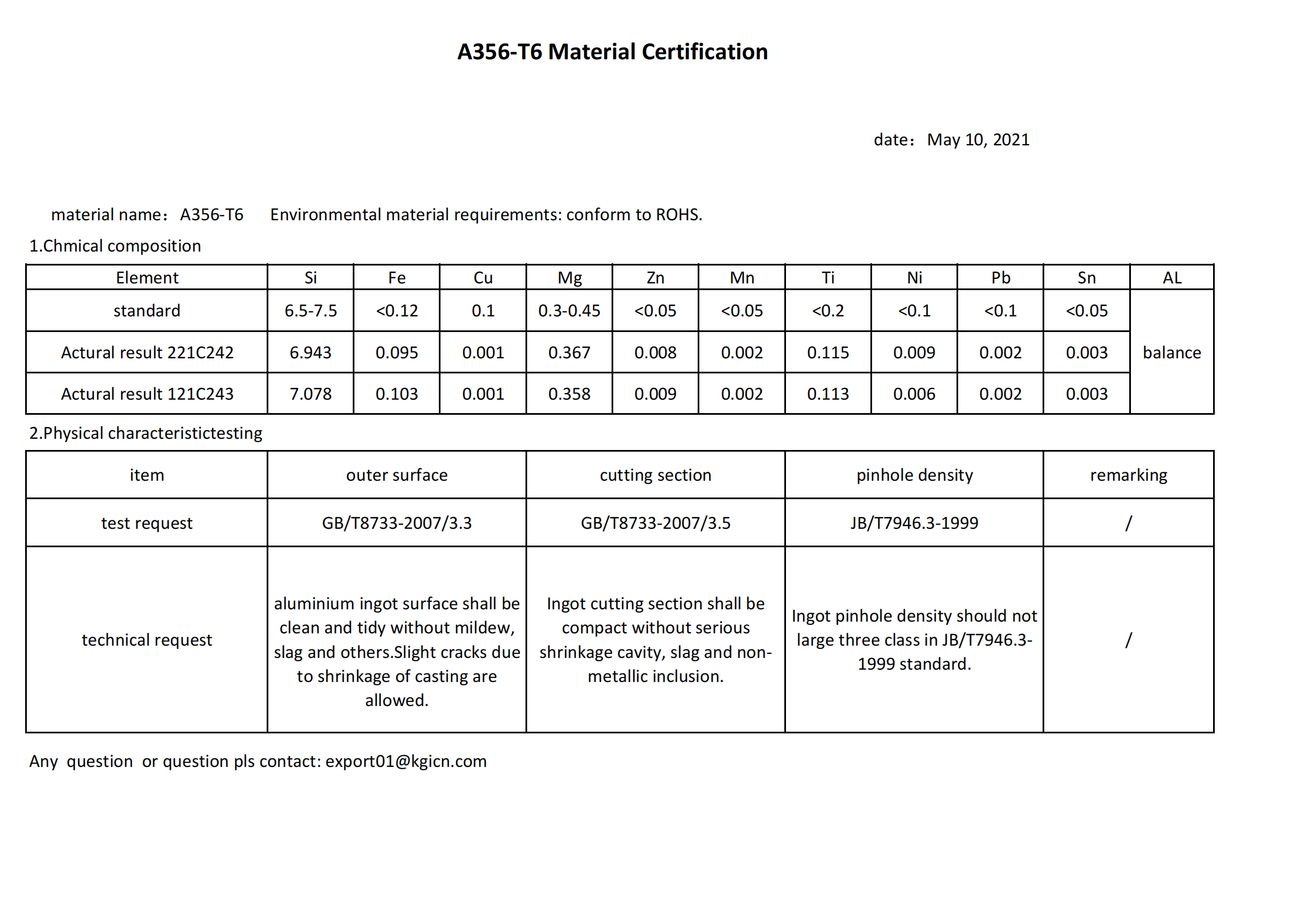 A356-T6 Material specification